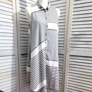 Lou & Grey Womens White & Gray Striped  Top Blouse Tunic Size M